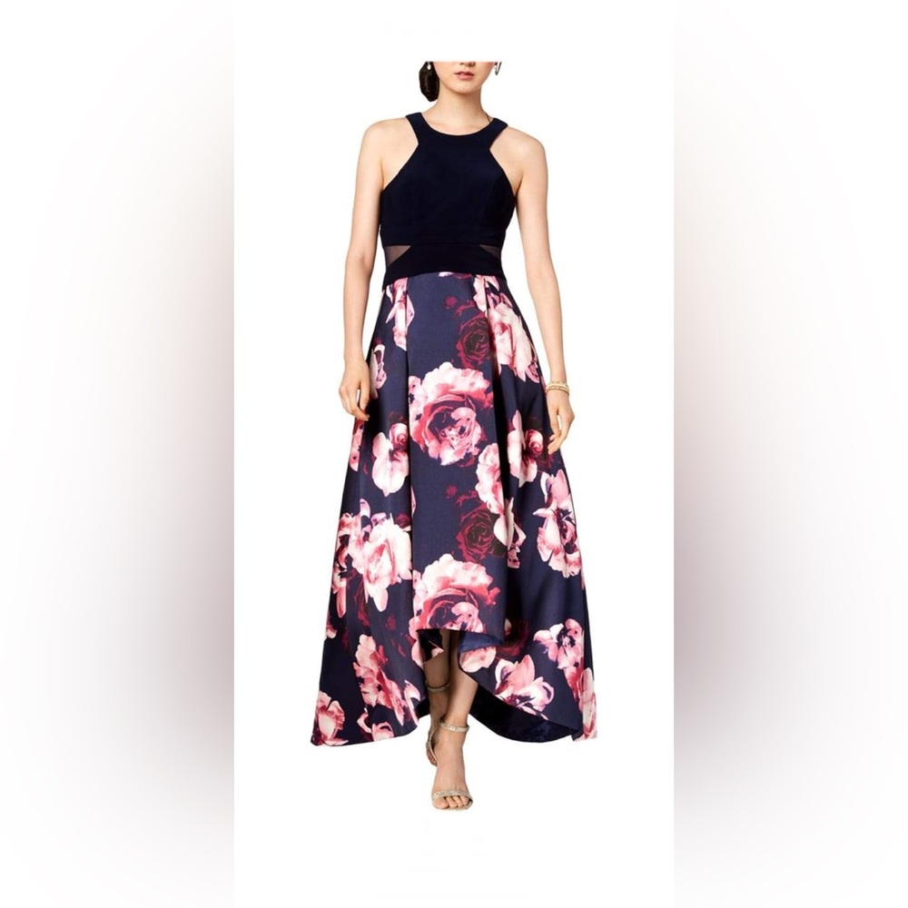 Xscape Navy and Pink Floral High-Low Skirt